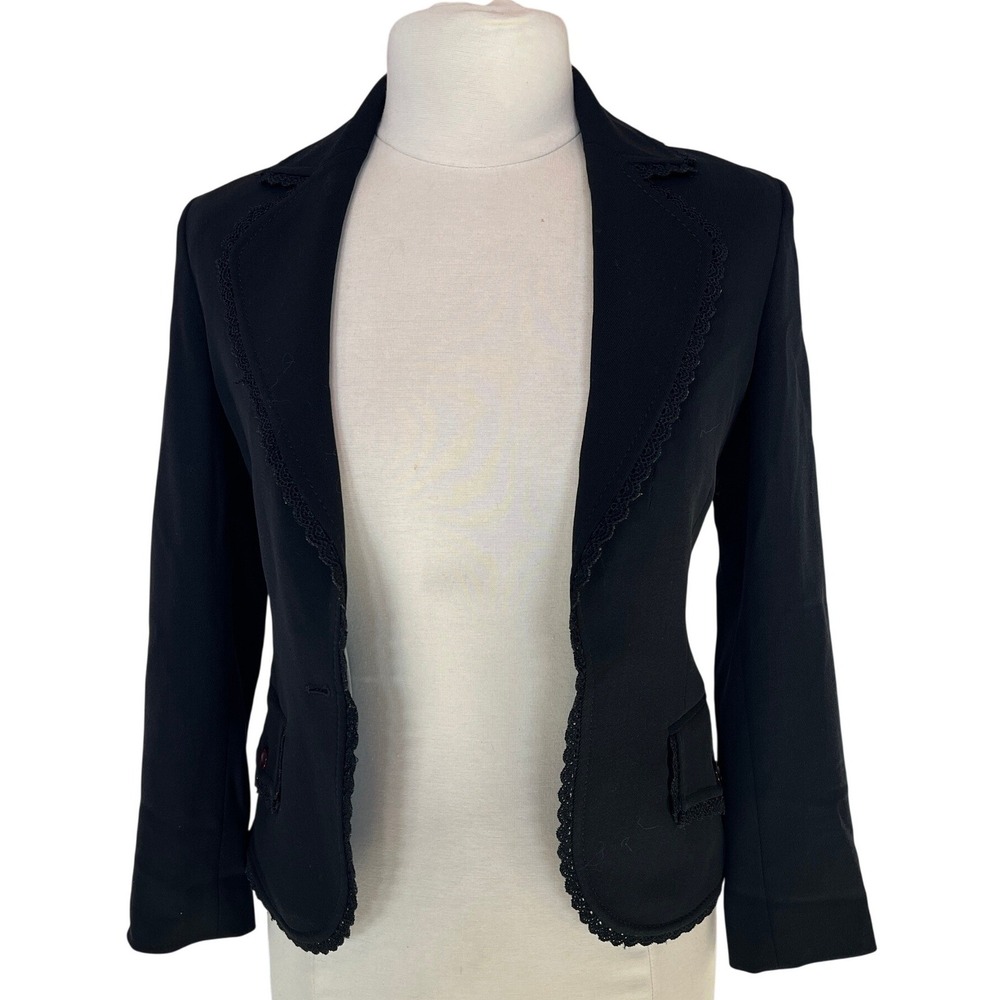 Vintage Valentino Roma Wool Blazer Black Lace Trim Romantic Gothic Italy Sz 38/2